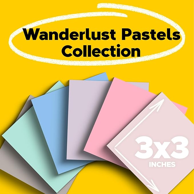 Post-it 100% Recycled Paper Super Sticky Notes, 3 in. x 3 in., 12 Pads, 70 Sheets per Pad, Wanderlust Pastels, School Supplies and Office Products (Pack of 12)