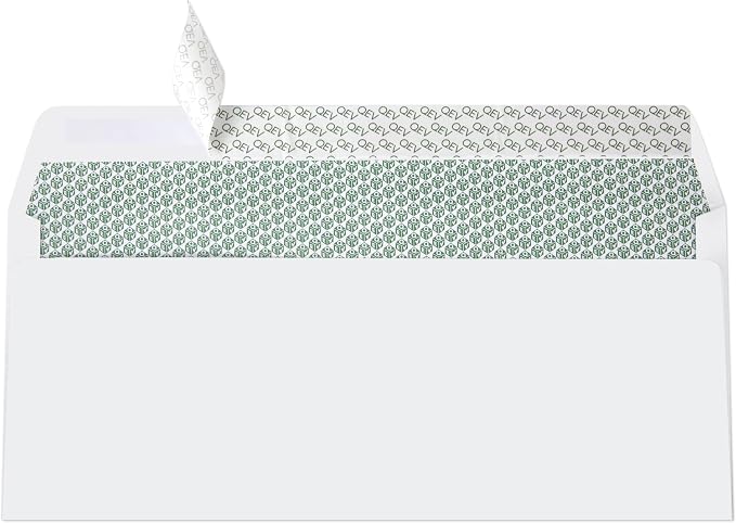 100 Count #10 Self Seal Security Envelopes, 4.1/8" x 9.1/2", 24 lb White Paper, Windowless
