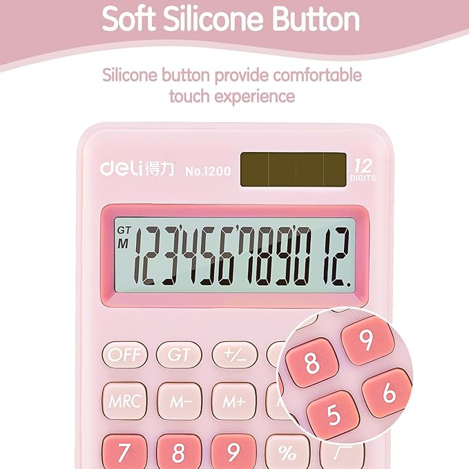 Deli Standard Function Basic Calculator, 12 Digit Desktop Calculator with Large LCD Display, Solar Battery Dual Power Office Calculators, Pink