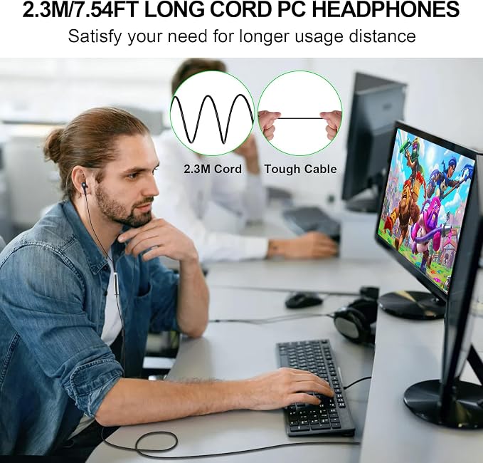 ASKUBSKU USB Earbuds Wired with Microphone for PC 7.5 Ft Cable, Black | USB Headset for School Computer Class, Wired USBA Headphone with Mic Stereo Cord Laptop Earphone for HP/Dell/Surface Meeting
