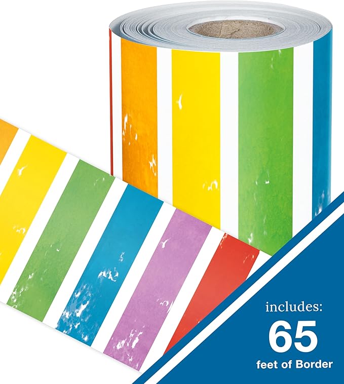 Carson Dellosa All are Welcome 65Ft of Striped Rainbow Bulletin Board Borders, 1 Roll of Colorful Trim for Rolling Whiteboard, Cork and Posterboard, Party Decorations, and Classroom Decor