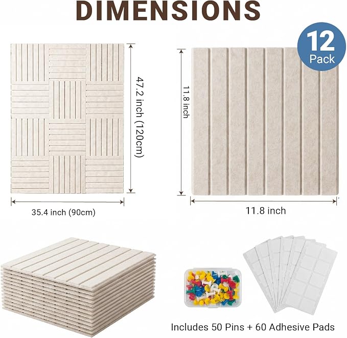 48" x 36" Large Felt Bulletin Cork Board 12PCS 60 Adhesives 50 Pushpins | Bulletin Board Pin Board, Sound-Dampening Damage-Free Mounting, Dorm Essential Wall Decor for Home & Officice, Light Camel