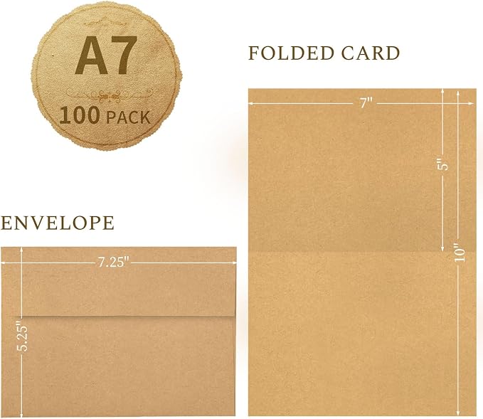 Goefun 100 Pack Brown Kraft Blank Cards and Envelopes 5x7 | Goefun A7 Envelopes Self Seal with Folded Brown Cardstock 5x7 for Invitations, Wedding, Birthday & All Occasions