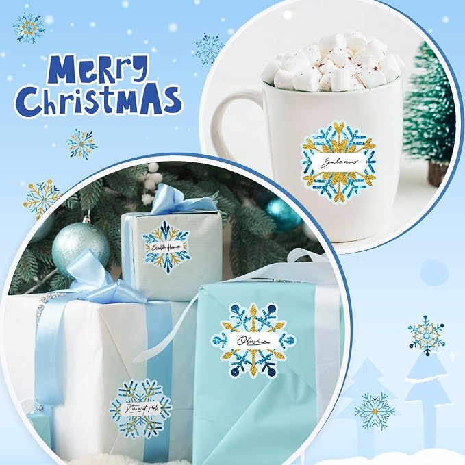 Whaline 90Pcs Christmas Winter Name Tag Stickers Blue Gold Snowflake Shape Nameplates Xmas Self-Adhesive Gift Label Decals for Holiday Present Students Desk Classroom, 9 Designs