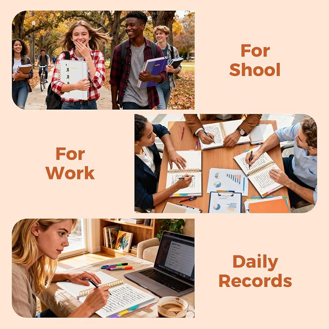 Line Hardcover Spiral Notebook with Removable Dividers Tabs & Ruler, 5 Subject Notebook College Ruled, 300 Page, Large 8"x10" B5 Notebooks for Work School, Lined Journal for Women & Men, White