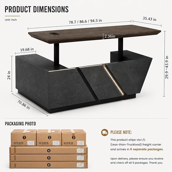 SAINTCY 86.61 in Adjustable Executive Desk - Luxury L Shaped Desk with Drawers, Large Table with File Cabinets, Executive Office Desks with LED Light Strip Home Office Desk for Professionals