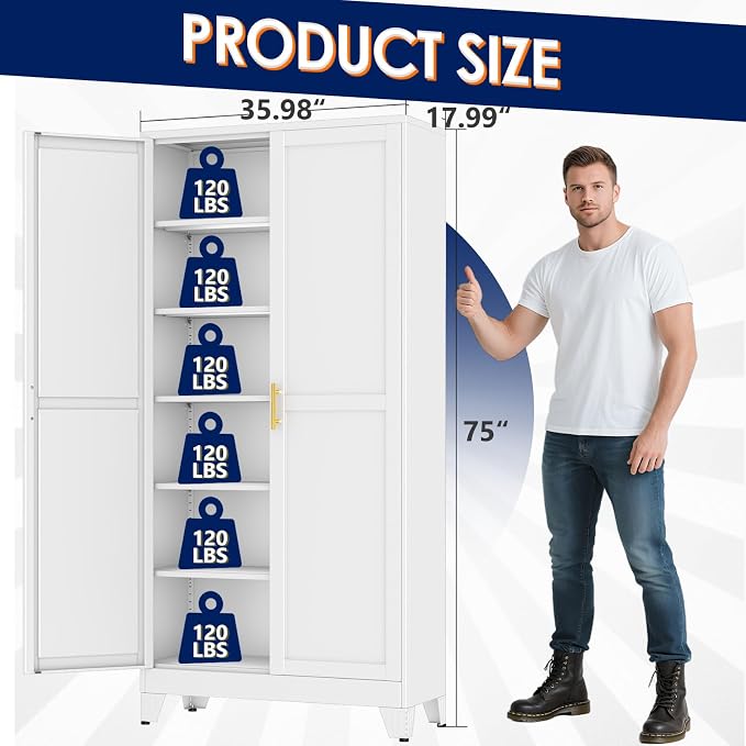 erosoei 75" H Large Metal Garage Storage Cabinet, Metal Pantry Cabinet with 2 Doors, Locker Steel Cabinet with 5 Adjustable Shelves, Freestanding Cupboard for Garage,Office,Home,Gym,School