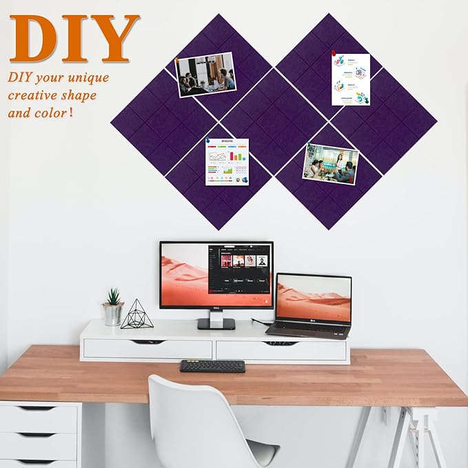 Large Square Felt Cork Board Tiles, Self Adhesive DIY Felt Bulletin Board Pin Board with 35 Pushpins for Office School Home Wall Decor Stickers Memos Photos Display (Purple)