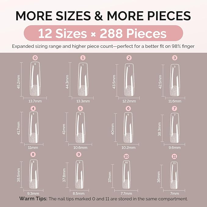 MelodySusie Long Square X Nail Tips - 288Pcs 12 Sizes Clear Acrylic, Half Matte Full Cover Press on Nails for DIY Extension & Salon Use,Pre-Shaped for Long-Lasting Manicure