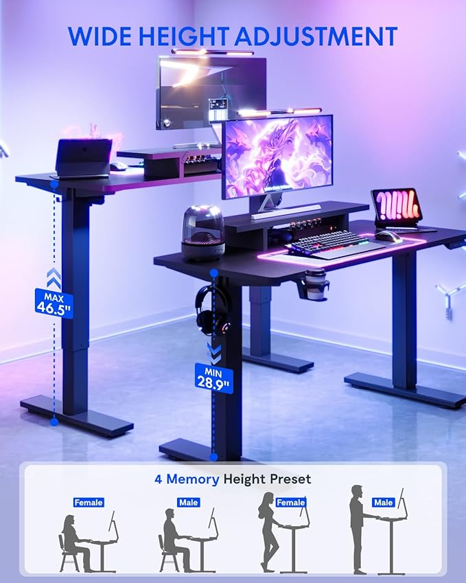 FLEXISPOT Standing Desk with Monitor Stand, 48 x 24 Inches One-Piece Electric Height Adjustable Computer Desk with Cup Holder for Home Office, Black