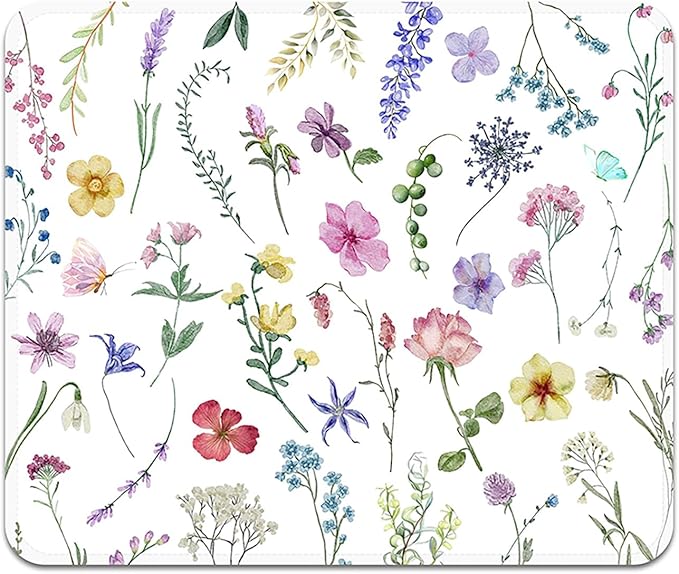 Mouse Pad with Stitched Edges - Watercolor Floral Mousepad for Women, 9.25 x 7.75 inch Washable Square Desk Pad, Non-Slip Rubber Base, Office Home Laptop Accessories - Watercolor Wildflowers