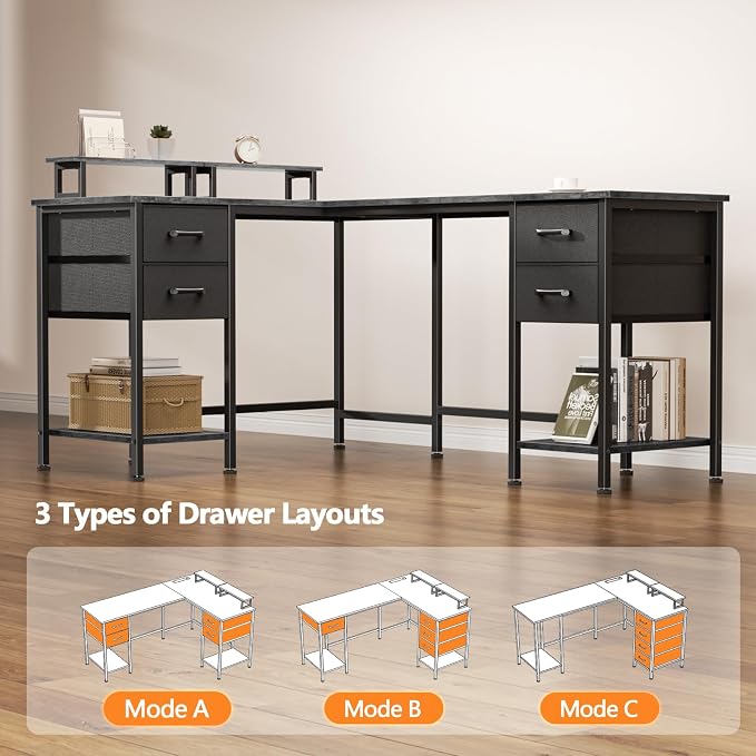 Korfile 59 inch L Shaped Computer Desk with Power Outlets, Home Office Desk with 4 Adjustable Storage Drawers & 2 Monitor Stands, Two Person Gaming Table for Bedroom, Grey