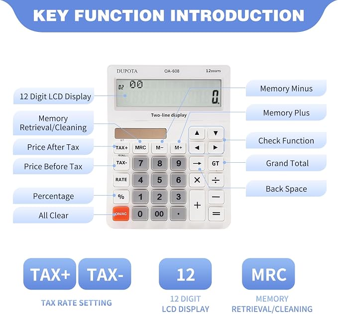 Desktop Calculator Large Display Big Buttons with 12 Digits 2-line | Solar Power and Battery, Accounting Calculator with Tax and Check Function for Office, Home and Business (OA-608)