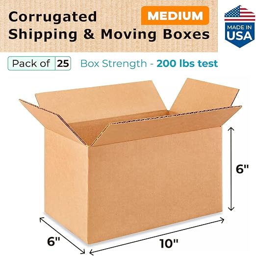 Medium Moving & Shipping Boxes 10"L x 6"W x 6"H (25-Pack) - Extra Strength 200 lb vs Regular - Corrugated Packing Boxes for USPS/UPS/FEDEX - Durable Cardboard Box - Shipping Box by IDL Packaging | Extra Strength 200 lb vs Regular - Corrugated Packing B...