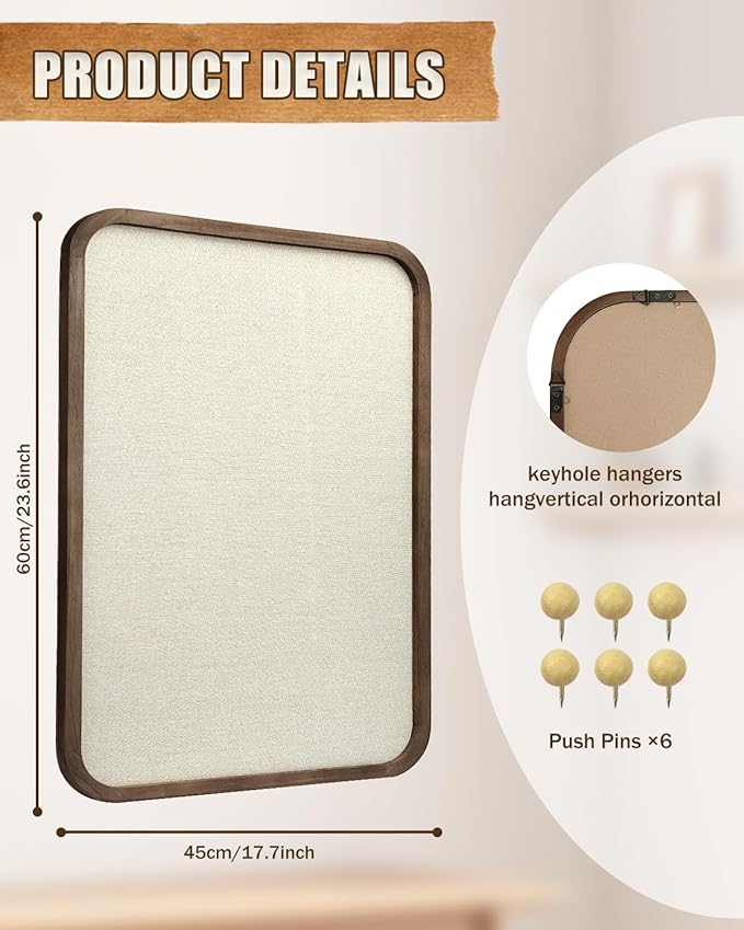 Linen Bulletin Board, Pin Board for Walls, Fabric Bulletin Board, 17.7"x23.6" Pin Board for Home Kitchen Office Decorative, Brown Wood Frame Cork Board(BN-4560)