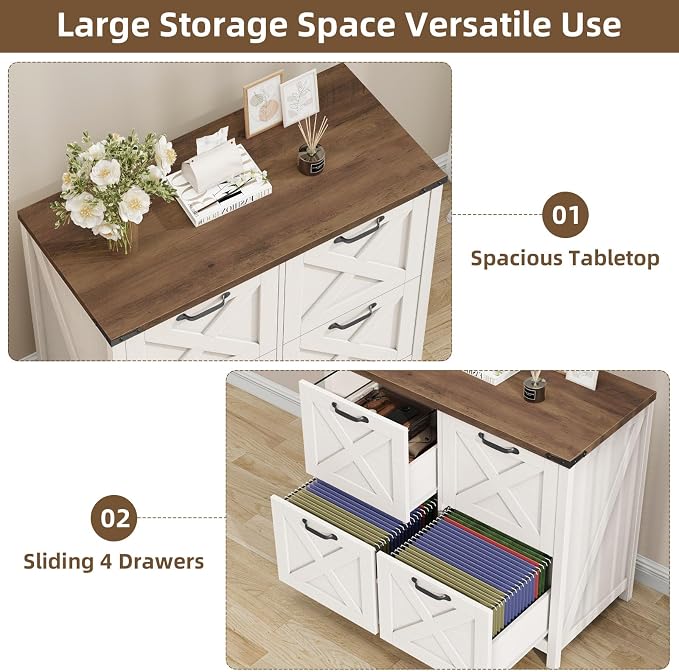 Halitaa Farmhouse Lateral File Cabinet with 4 Drawers, White and Brown | Lateral Filing Cabinet for Letter/A4 Size Hanging File, Wood File Storage Cabinet Printer Stand for Home Office Cabinet