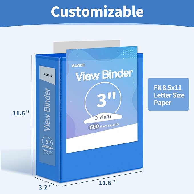 SUNEE 3 Ring Binder 3 Inch 1 Pack, Clear View Binder Three Ring PVC-Free (Fit 8.5x11 Inches) for School or Office Supplies, Cobalt Blue