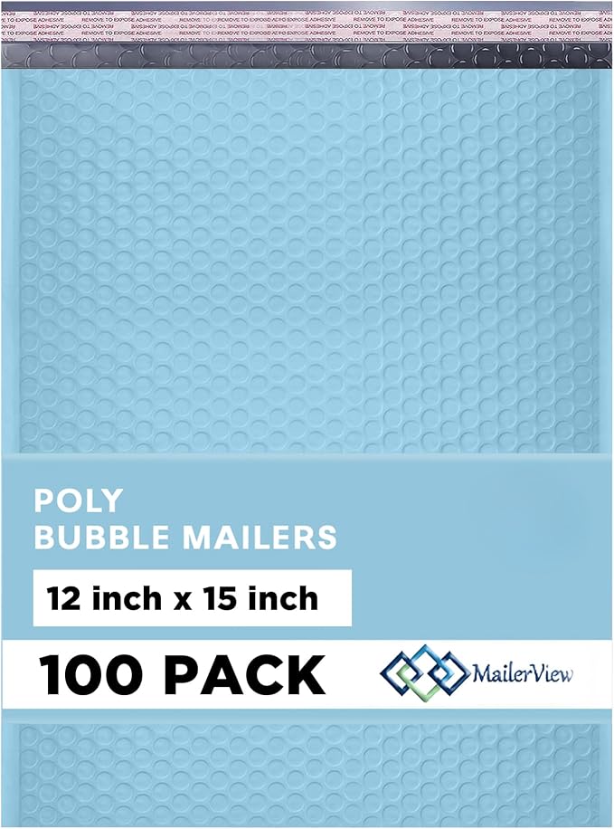 Light Blue Bubble Mailers 12x15, Self Seal Poly Padded Envelopes, 100 Pack | Holds Clothing & Bulk Items, No Tape Needed, Cushioned Protection, Water-Resistant Poly, Bulk Pack for Small Business