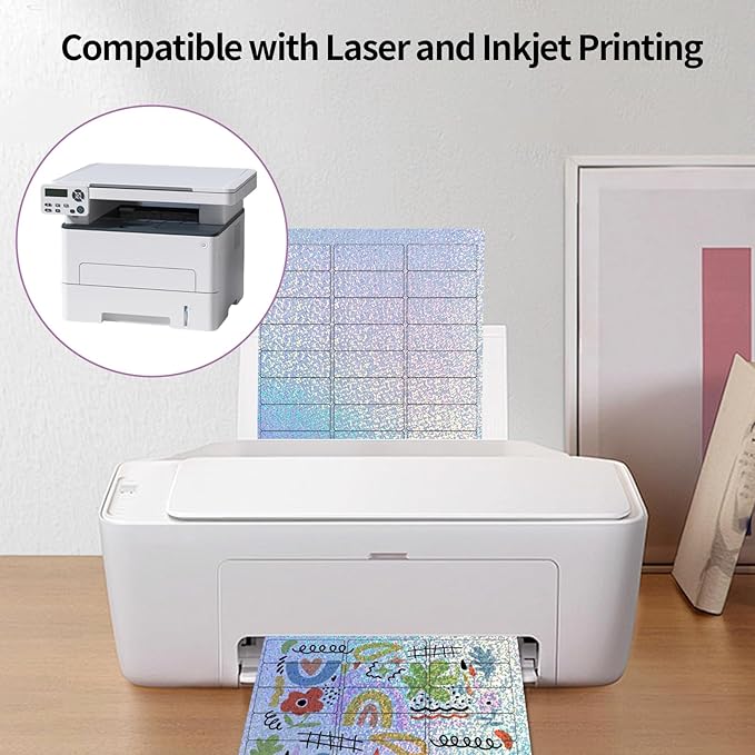 1" x 2-5/8" Address Labels - Holographic Shipping Labels Mailing Stickers for Laser/Inkjet Printer 8.5"×11"- Self-Adhesive Waterproof- Star, Rainbow, Dots, Transparent- 20 Sheets