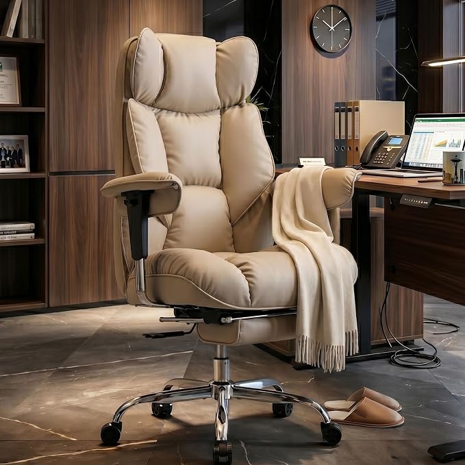 Efomao Executive Office Chair 400lbs,Beige Big and Tall Desk Chair | Mattress-grade pocket spring cushion, sleek leather, 135° recline & footrest for computer gaming setup.