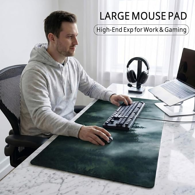 Auhoahsil Aerial Misty Forest Desk Mat, Ultra Large Full Desk Gaming Mouse Pad, Foggy Green Forest Landscape Extended Keyboard Pad, Nature Aesthetic Desk Pad for Home Office Gaming, 35.4"x 15.7"