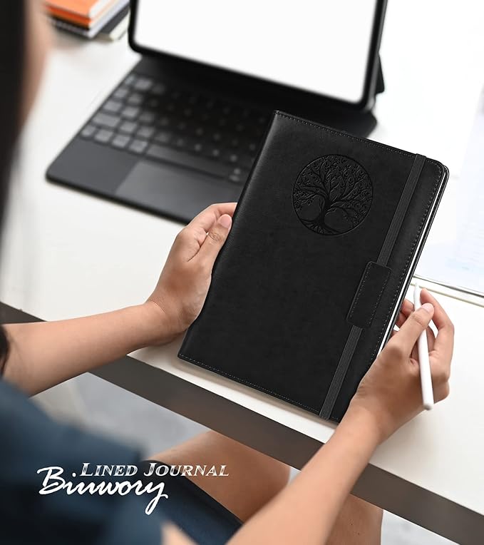 Lined Journal Notebook for Women Men,256 Pages A5 Hardcover Leather Journals for Writing,Travel,Business,Work & School,College Ruled Notebooks for Note Taking,Diary Notepad 5.7"×8.3"(Black)