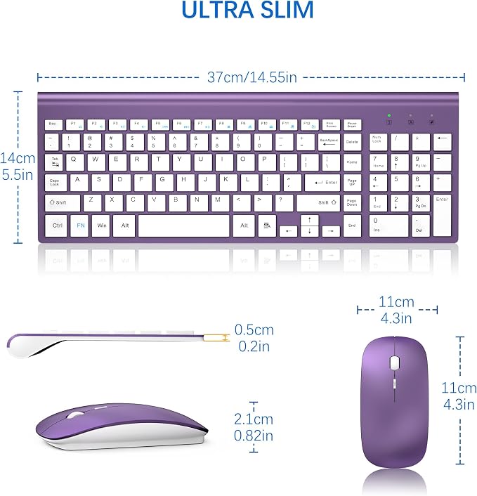 Wireless Keyboard and Mouse Ultra Slim Combo, TopMate - Purple White | 2.4G Silent Compact 2400DPI Mouse and Scissor Switch Keyboard Set with Cover, Batteries Included, for PC/Laptop/Windows/Mac