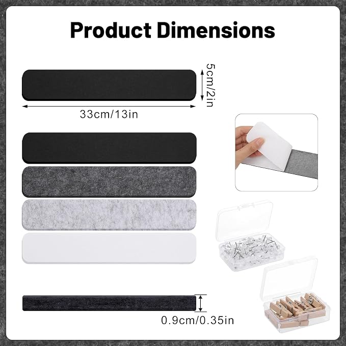 8 Pack Felt Bulletin Board Strips, 13x2 Inch Pin Board, Cork Boards | Self Adhesive, Includes 50 Pushpins and 10 Wooden Clips Push Pins, for Walls Home School Office Decor (Black White Gray)