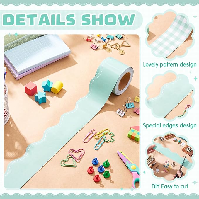 2 Rolls 65.6ft Mint Green Gingham Bulletin Board Borders Decoration Green Checkered and Straight Edge Bulletin Borders Board Trim for Office School Classroom Chalkboard Party Decoration