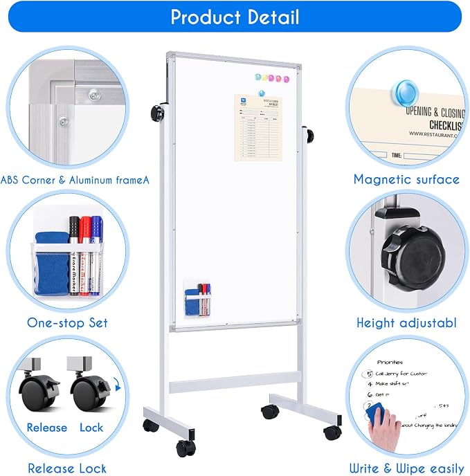 Maxtek Rolling White Board 48 x 24in,Height Adjustable Whiteboard on Wheels | Mobile Easel Large Magnetic Portable Double-Sided Dry Erase Board with Stand for Classroom, Home, School, Office and Teachers