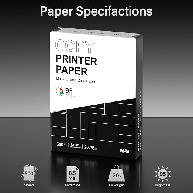 M&G Multipurpose Copy Printer Paper, 8.5 x 11, 20lb, 3 Ream (1500 Sheets), 95 Bright, White | 8.5 x 11, 20lb, 3 Ream (1500 Sheets), 95 Bright, White