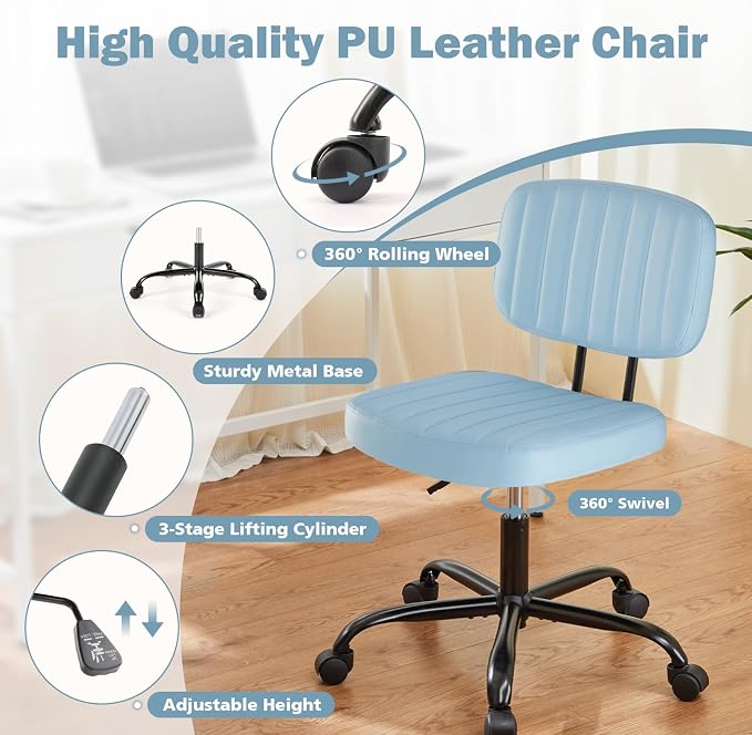 DUMOS Armless Office Chair, Small Home Desk Chair, Lumbar Support | PU Leather Low Back, Height Adjustable, 360 Swivel Wheels, Armless Computer Task Executive, Blue