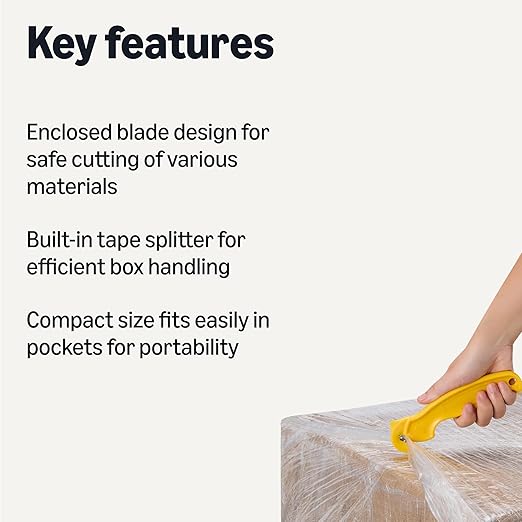 Amazon Basics Film Safety Cutter, Concealed Stainless Steel Blade with Tape Splitter for Boxes, Packages, Shrink Wrap, Yellow, 1-Pack