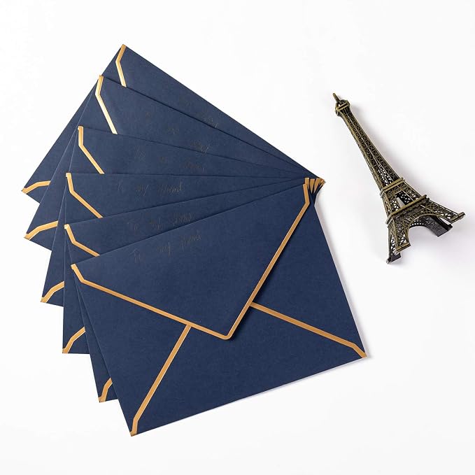 50 Pack A6 Envelopes Navy Blue 4x6 with Gold Border, 4.75x6.5 | Self-Adhesive, V Flap, For Wedding, Graduation, Baby Shower, Parties, Invitations