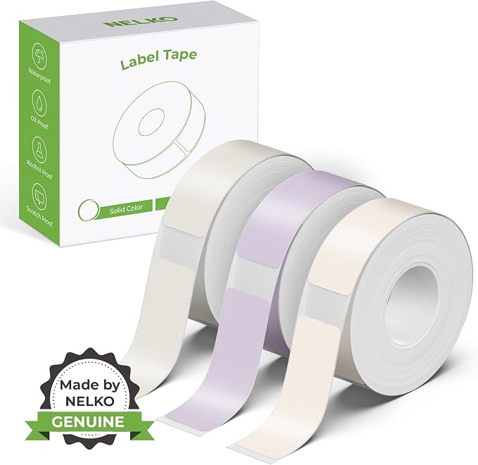 NELKO Genuine P21 Label Maker Tape,14x40mm, 3-Roll, Beige/Brown/Purple | Easy to Peel, BPA-Free, Strong Adhesion, Water-Resistant & Oil-Proof, Great for School, Office, Home, Kitchen, Black on White