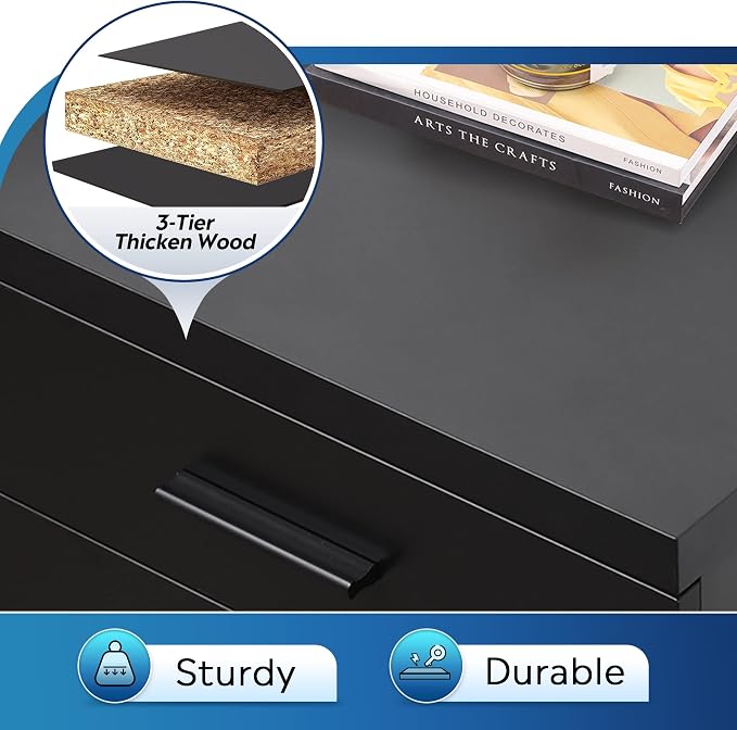 DEVAISE 3 Drawer File Cabinet, Wood Under Desk Filing Cabinet, Black | Rolling Printer Stand, Small Storage Cabinet with Wheels, Fits Legal/Letter/A4 Size, Home Office