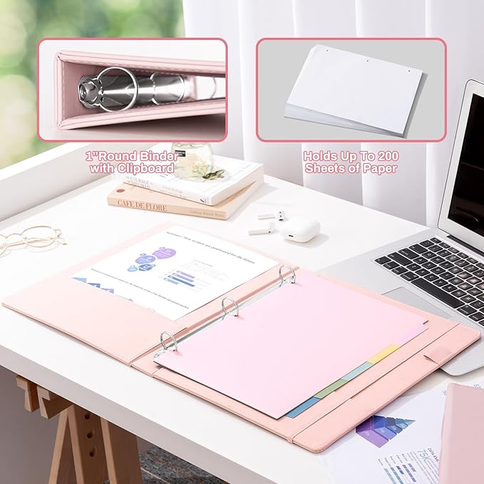 Pink 3 Ring 1 inch PU Leather Professional Binder Organizer with Dividers Suitable for 8.5 x 11 Letter Size Paper Cute Loose Leaf Binder with Pocket for School Work