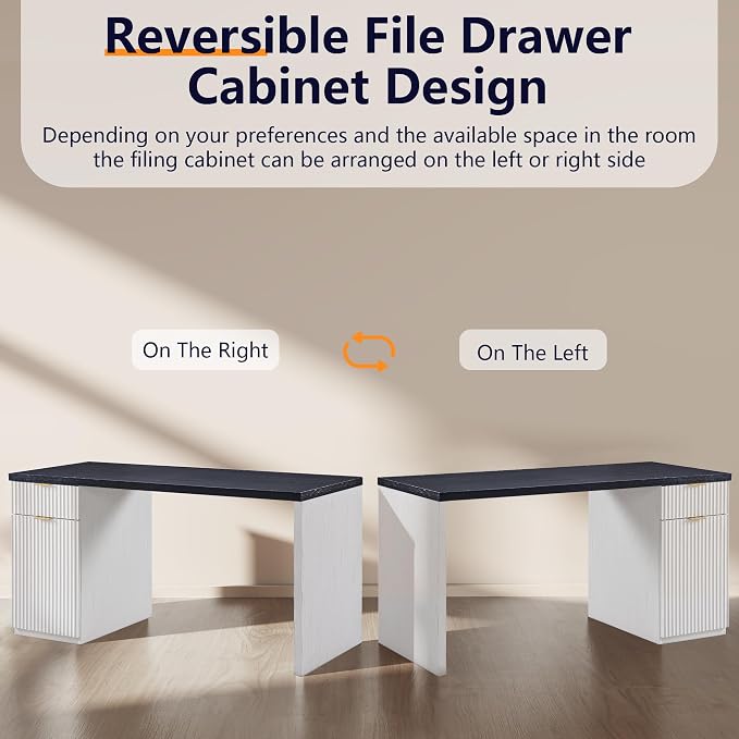 60" Fluted Home Office Desk, Reversible Left‑Right Cabinet, Built‑in Outlet | Reversible design lets you fix the cabinet on left‑hand or right‑hand side to fit your room layout