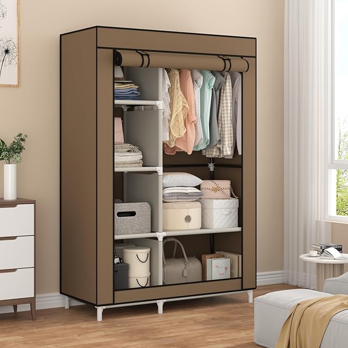 Calmootey Portable Closet Organizers, Clothing Storage, Wardrobe with 6 Shelves and Hanging Rod, Non-Woven Fabric Cover with 4 Side Pockets, Brown