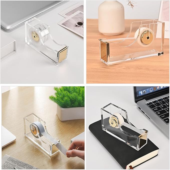 Clear Desktop Tape Dispenser, Modern Acrylic Tape Dispenser Kit, 1 Inch Core Desktop Adhensive Tape Cutter Holder for Office Desk, Home, School-Gold