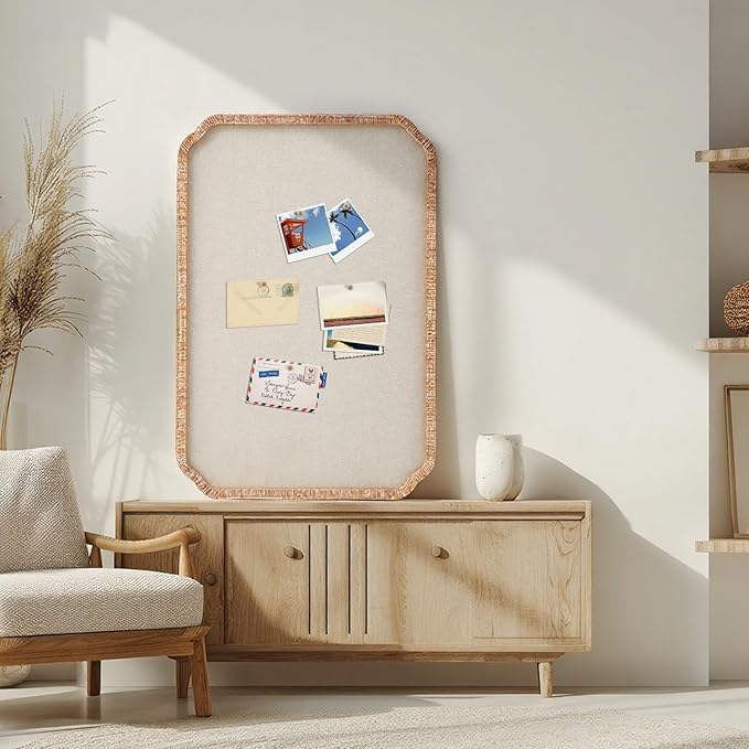 Vintage Framed Pin Board Linen Display Bulletin Board Large Ornate Fabric Picture Photo Pinboard Memo Decorative Prayer Pinboard Ornate for Wall Gift(Scalloped,20'' X 30'',Light Brown)