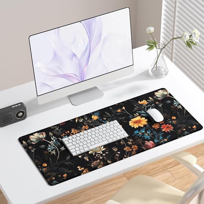 Desk Mat, Large Gaming Mouse Pad, 32" x 12", Retro Dark Floral | Waterproof Desk Pad, Non-Slip Rubber Base, Desktop Mat with Stitched Edges, Desk Accessories for Office, Work, Home