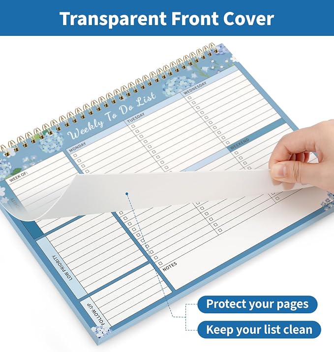 104 Pgs Weekly To Do List Notepad 52 Duplex-Printed Undated Sheets 100 GSM | （8.5"×11") Weekly Desk Planner For Work Home School Office Desk Accessories Supplies & Goal Setting Tasks -Blue Hydrangea