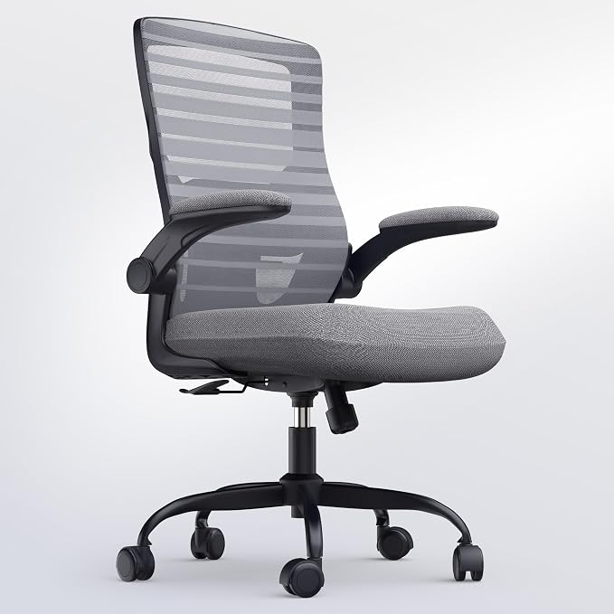 Office Desk Chair for Long Hours & Back Pain Relief – 4“ Thick Molded Foam Cushion, Enhanced Lumbar Support, Padded Flip-up Armrests, Ideal for Office or Study, Dark Gray