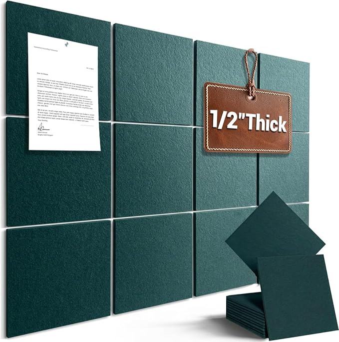 48" x 36" Large Felt Bulletin Board 1/2" Thick, Forest Green | 12 Pack Felt Tiles, Cork Board Alternative, 60 Adhesive Tabs, Pin Board for Home Office Decor with Easy Install