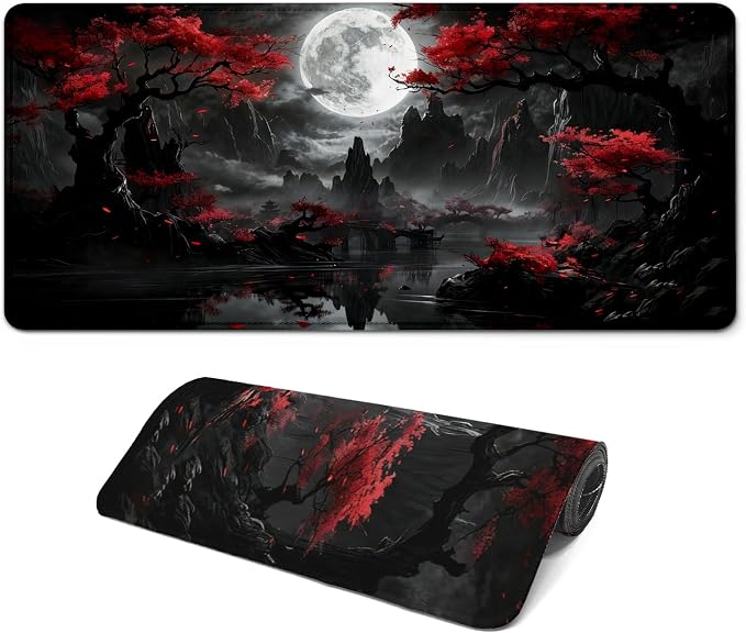 Gaming Mouse Pad with Anti-Slip Rubber Base, Extended Large Computer Mouse Mat with Stitched Edges, Long XL Anime Mousepad for Laptop and Keyboard, 31.5 x 11.8 inch (Dark Full Moon)