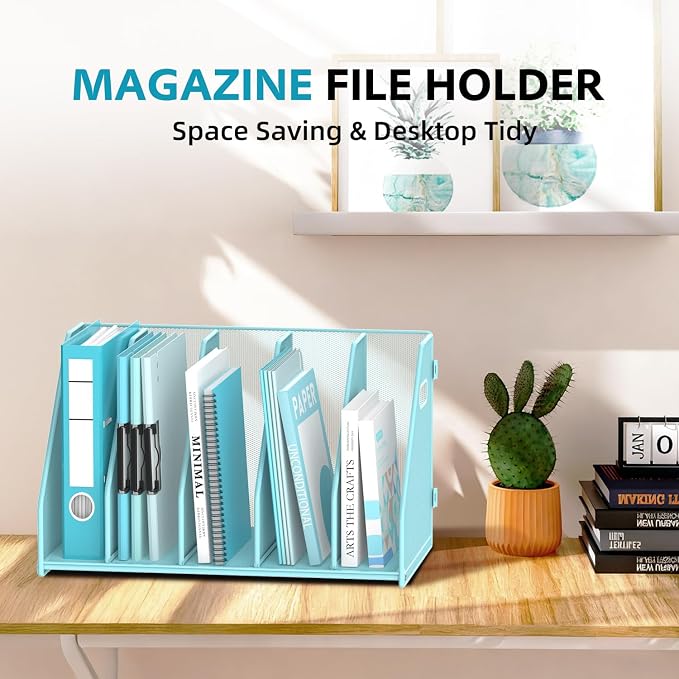 Binder Organizer, Magazine File Holder with 5 Vertical Rack, Blue | Metal Desk File Organizer & Binder Holders, Magazine Organizers for Office Desktop, Home, School, Classroom