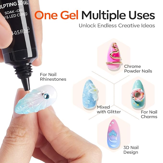 modelones 3D Gel Nail Art, 2Pcs Clear Gold Sculpting Gel Nail Glue for Nail Charms Gems Chrome Nail Powder Rhinestone No Wipe Molding Nail Art DIY Home for Drawing Designs