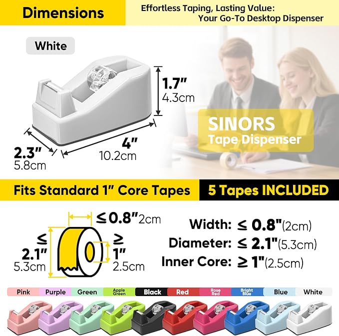 2-Pack Compact Office Tape Dispenser w/ 5 Rolls of 1" Tape, White | Standard 1-Inch Core Clear Tape Roll Holder, Small & Lightweight, Smooth Cut Blade, Rubber Base, Aesthetic Desktop Supplies