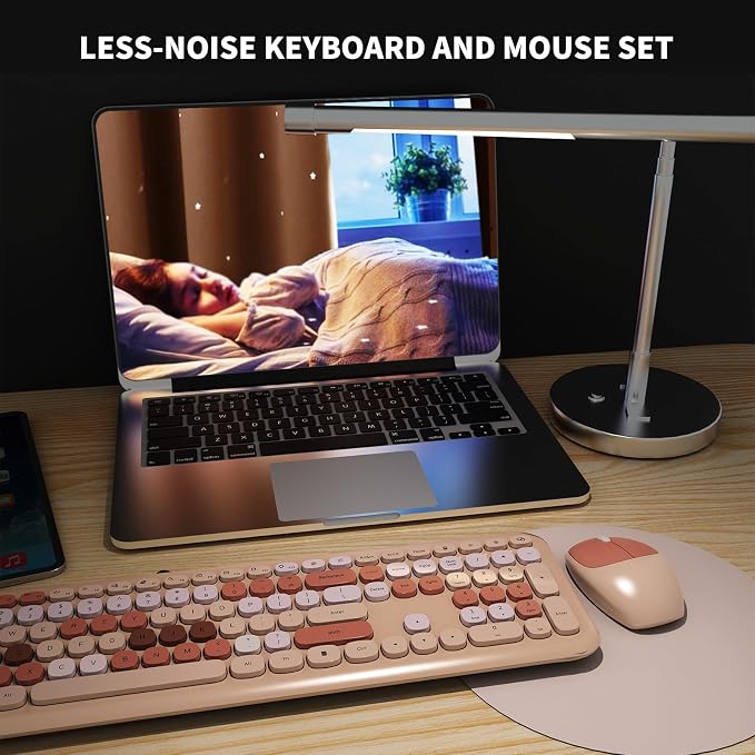 Wireless Keyboard and Mouse Combo, Cute Brown Retro Typewriter Keyboard with Number Pad, 2.4GHz USB Receiver + Type-C Adapter, Plug and Play for Laptop, Desktop, PC, Chromebook